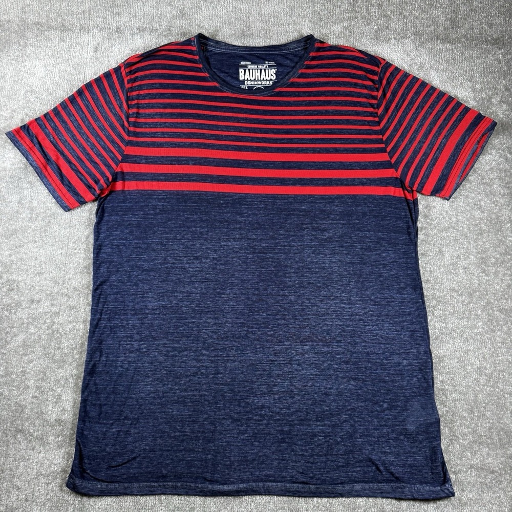 Bauhaus Denimworks T-Shirt Men's XL Blue Red Striped Short Sleeve Burnout